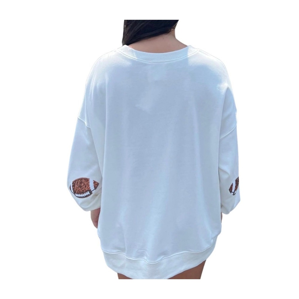 Football Sequin Sweatshirt Womens XL Oversized Gameday Crewneck White - Picture 2 of 7